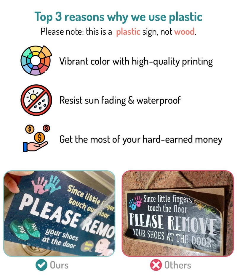 Fun-Plus Please Take Your Shoes Off - Remove Your Shoes Sign - 10â€³x5â€³ PVC Plastic Hanging Sign- Since Little Fingers Touch Our Floor - Image 3